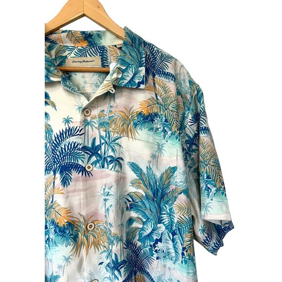 Tommy Bahama Blue Green Hawaiian Tropical Silk Rayon SS Button Up Shirt XL - Picture 1 of 7
